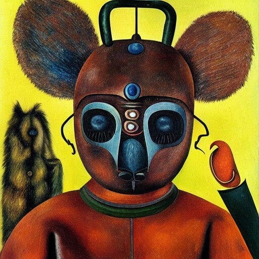 AI-generated image based on prompt: Portrait of an iron robotic koala warrior in a helmet by Frida Kahlo
