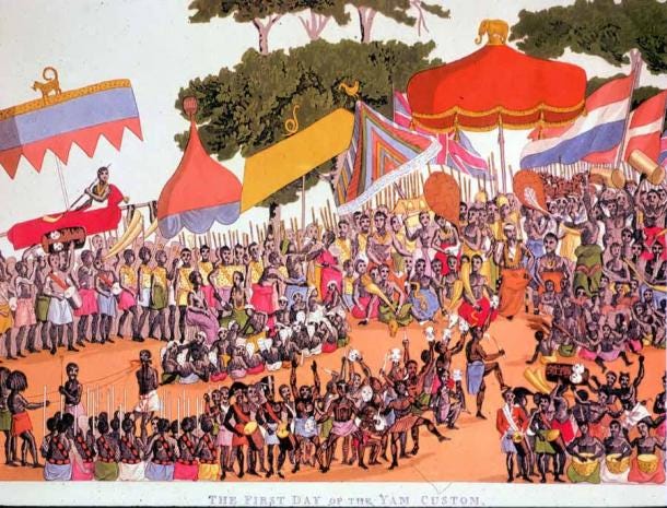 Asante yam ceremony from the 19th-century Asante Empire period, by Thomas E. Bowdich. (Thomas E. Bowdich / Public domain)