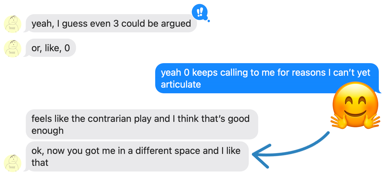 My buddy shifts his demeanor. Expands his solution space. Includes 0. Then says "Okay now you got me in a different space and I like that."