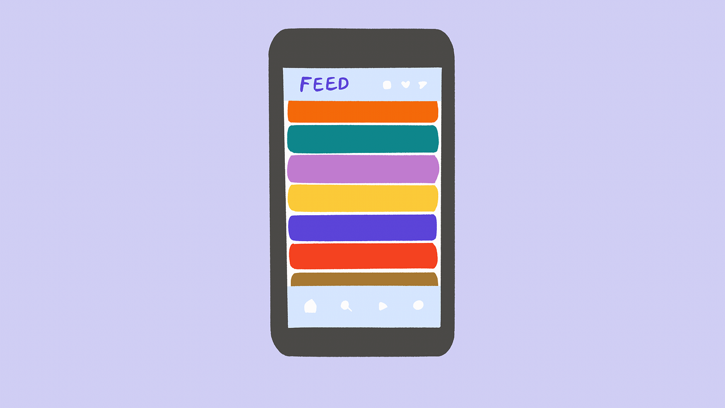 A hand-drawn animated gif of a smart phone with scrolling, colorful shapes in an app called "FEED"