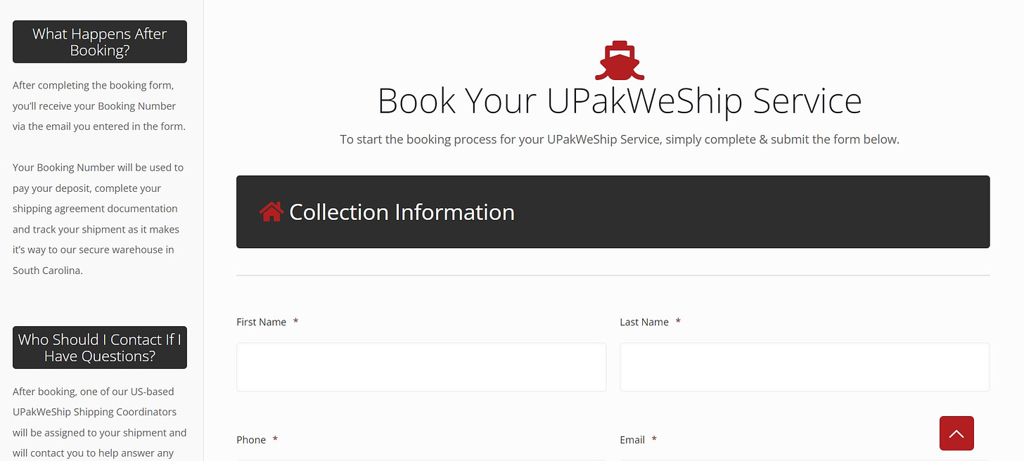 Screenshot from the UPakWeShip website