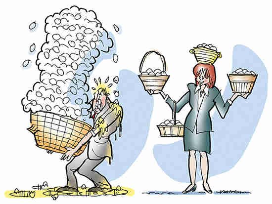 A man holds a basket with many eggs and a women holds eggs in many baskets