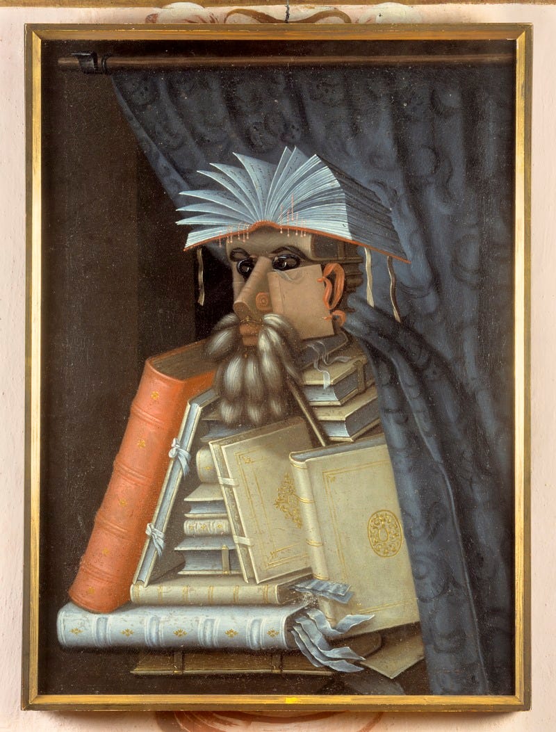A man whose body consists of books and bookmarks passes into the foreground underneath a green curtain.