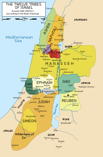 Map of the Twelve Tribes of Israel showing Dan lands on the coast