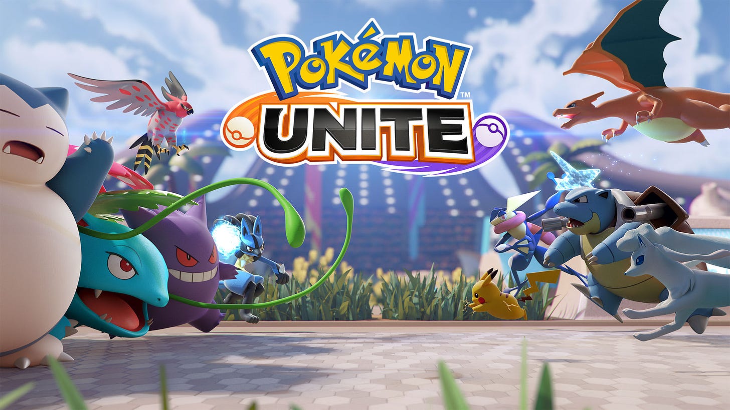 A promotional image from the game Pokémon Unite; it features the logo over two opposing teams of Pokémon charging into battle.