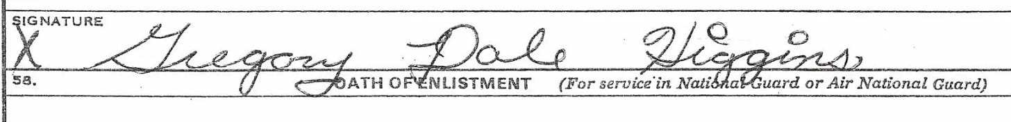 Gregory Dale Higgins signature, age 18, on his Army enlistment form