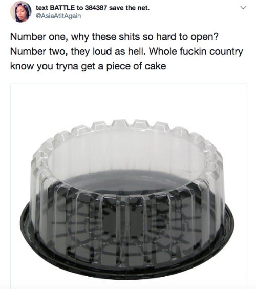 Screenshot of a funny tweet about cake holders