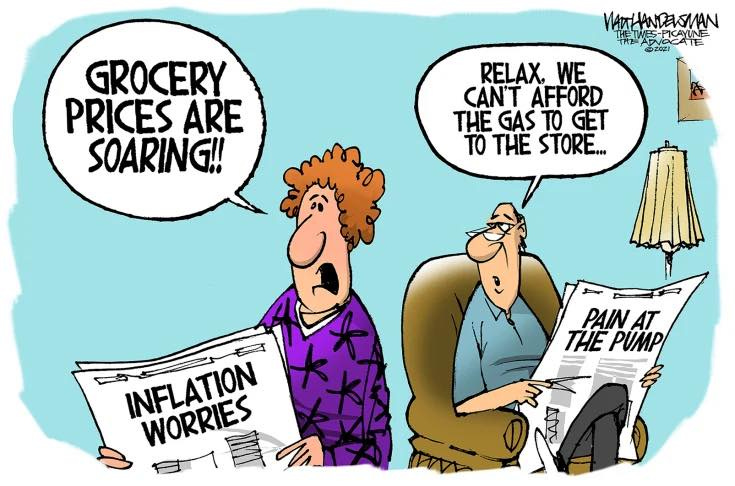 May be a cartoon of text that says 'MALANDESMAN 202) GROCERY PRICES ARE SOARING!! RELAX, WE CAN'T AFFORD THE GAS TO GET TO THE STORE... THE TP PAIN PUMP INFLATION WORRIES WORRIES'