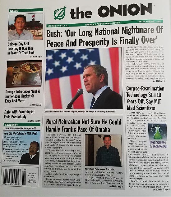 The Onion's front page for Jan. 17, 2001