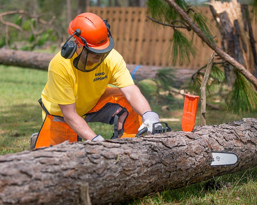 A man in a yellow shirt with orange safety equipment cuts up a fallen tree with a chainsaw.