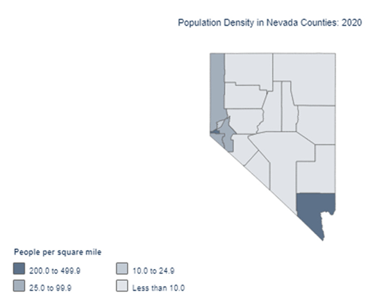 2020 Census Bureau map of Nevada's population densities, showing 11 of 17 counties having densities less than 10 people per square mile.