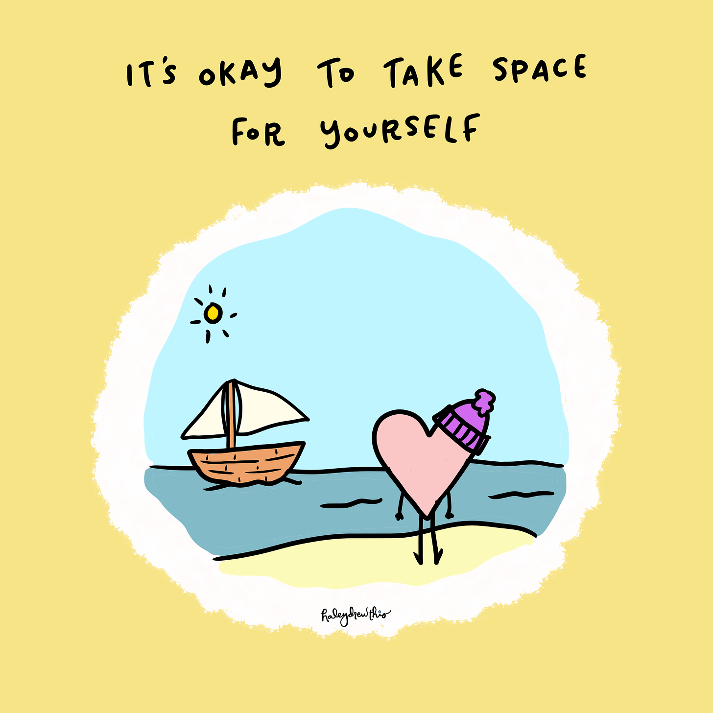 title: it's okay to take space for yourself. Heart standing on beach, watching boats sail by.