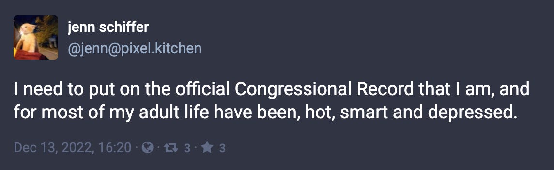 Toot from Jenn Schiffer: “I need to put on the official Congressional Record that I am, and for most of my adult life have been, hot, smart and depressed.”