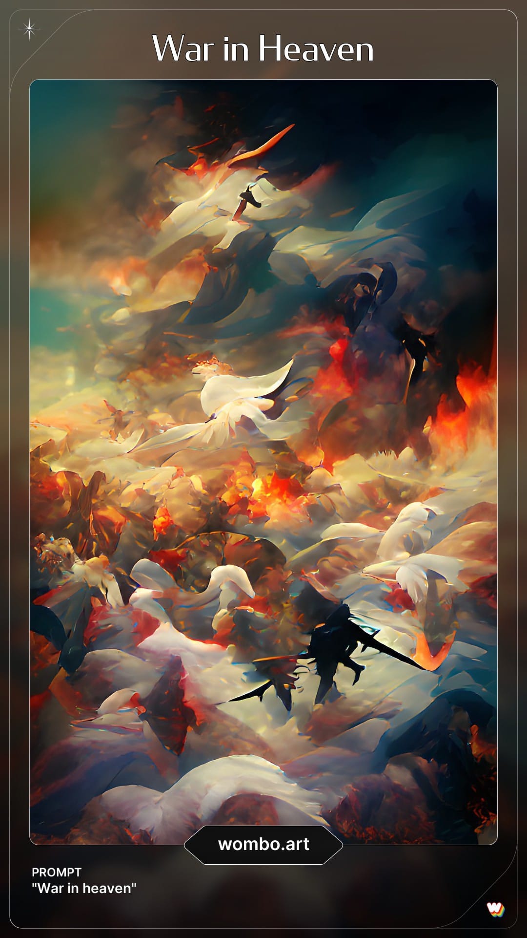 May be an anime-style image of cloud and text that says 'War in Heaven PROMPT "War ".heaven" in heaven" wombo.art'