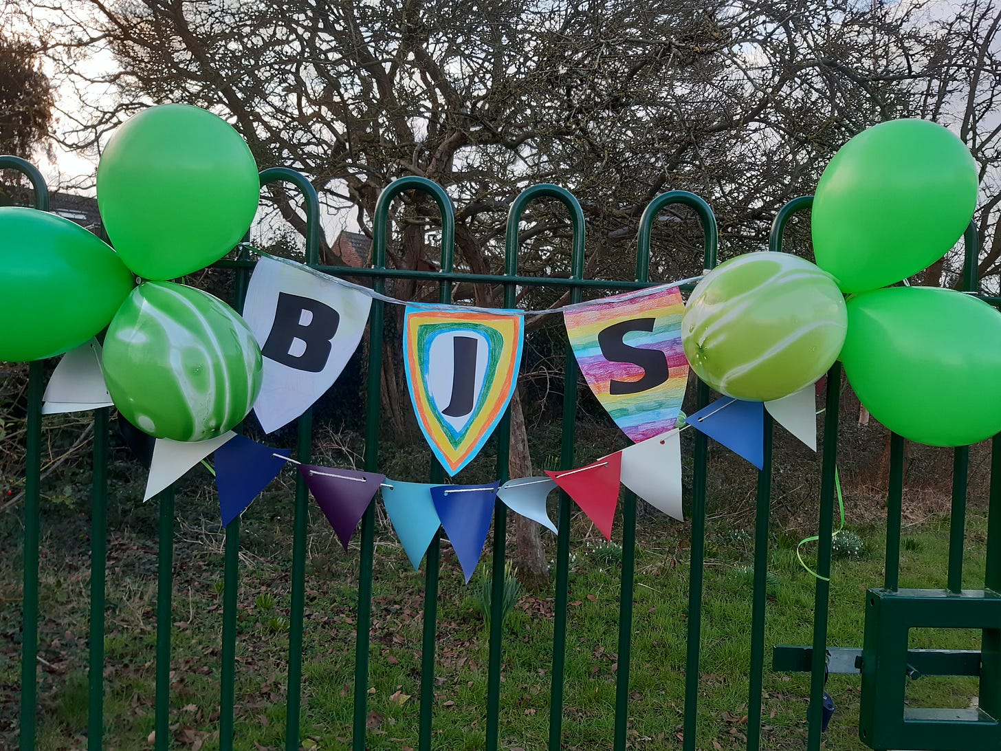 Banners and balloons outside Bilton Junior School