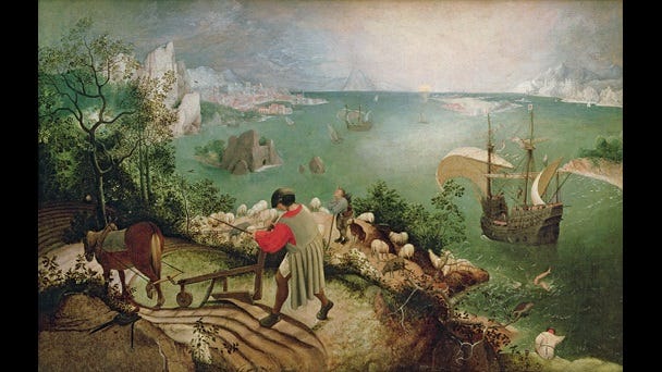Painting depicting Greek mythological figure, Icarus, plunging into the sea, and a man ploughing a field in the foreground
