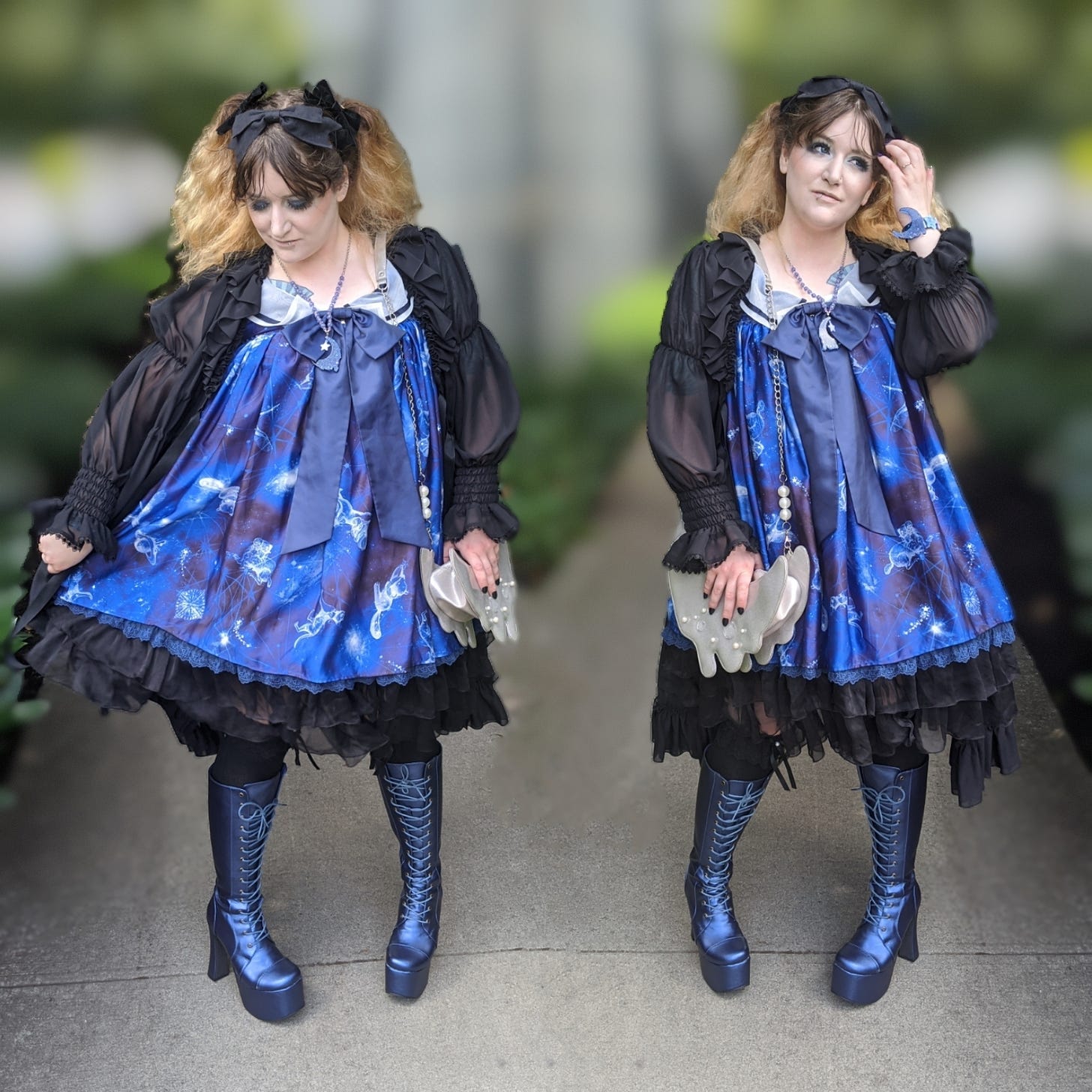 Nif (a white woman with brown/blonde hair) shown twice, mirrored, with a blurred background, wearing the same outfit. She wears Angelic Pretty's Dreamy Planetarium sailor JSK in navy. She is also wearing a black sheer overdress, a black sheer underskirt, black OTKs with ribbon trim, and blue knee-length high-heel boots. She is holding a silver vinyl purse shaped like a melting moon. She has a blue acrylic moon-shaped pendant, a black bow headband, and black velvet bows in her twin tails. In her pose on the right, you can see a blue acrylic moon bracelet on her left wrist.