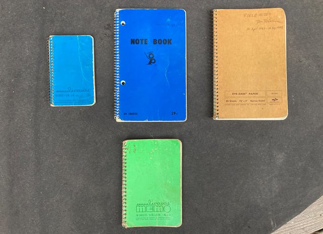 Four notebooks on a table. All are well-used and spiral-bound. Two are blue, one is beige and the other is green.