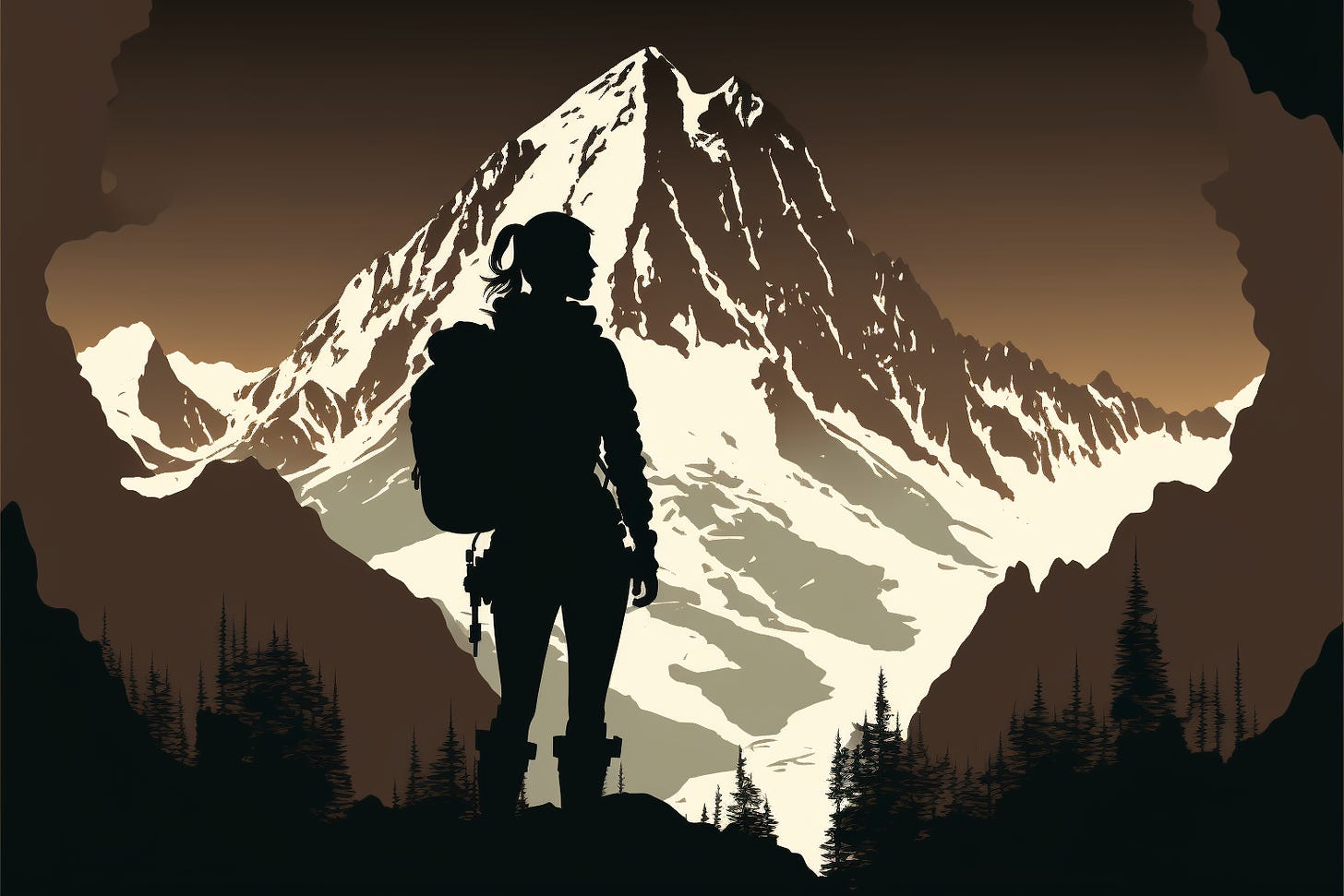 silhouette of a female hiker looking at a mountain in the background, graphic novel