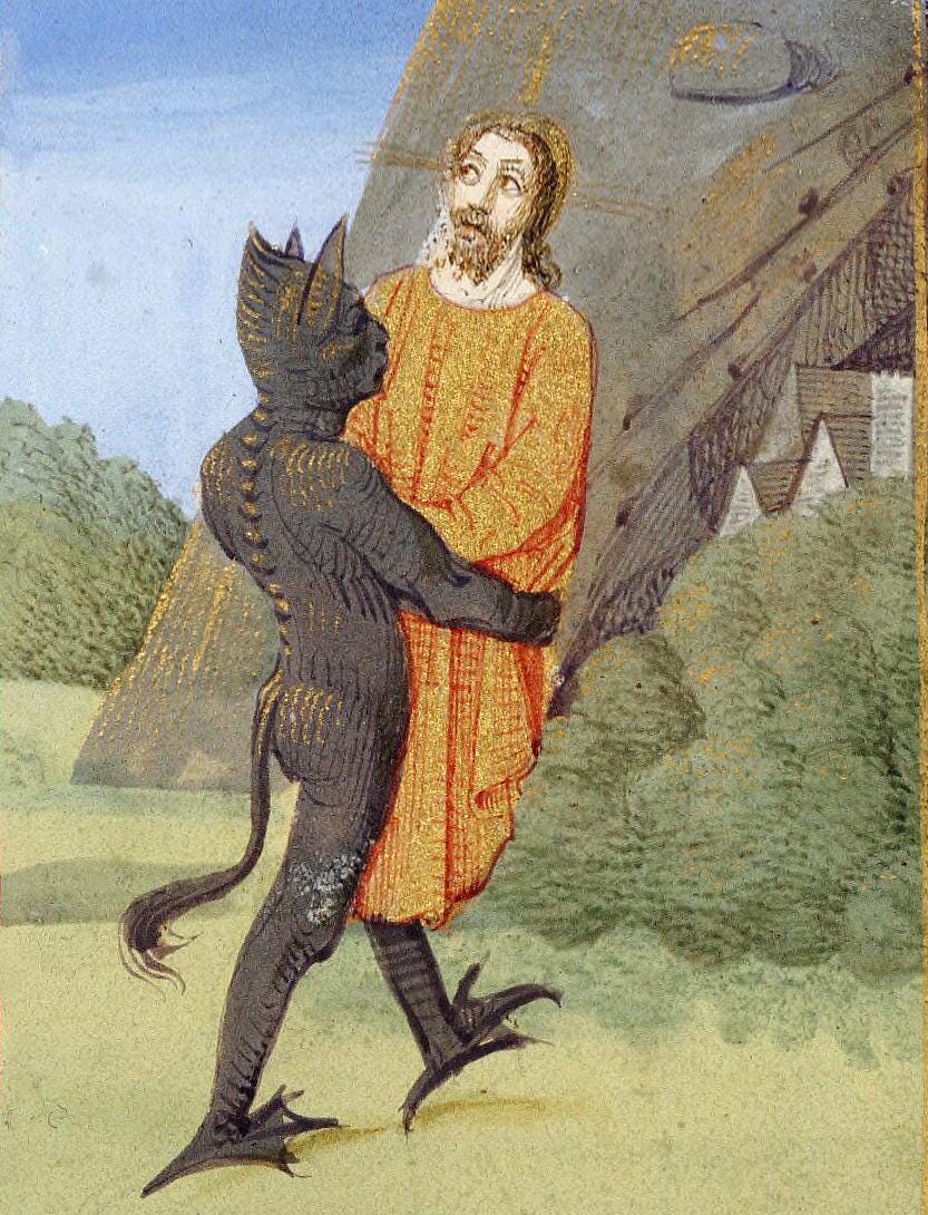 14th century French depiction of the devil literally carrying a very confused Christ into the wilderness.