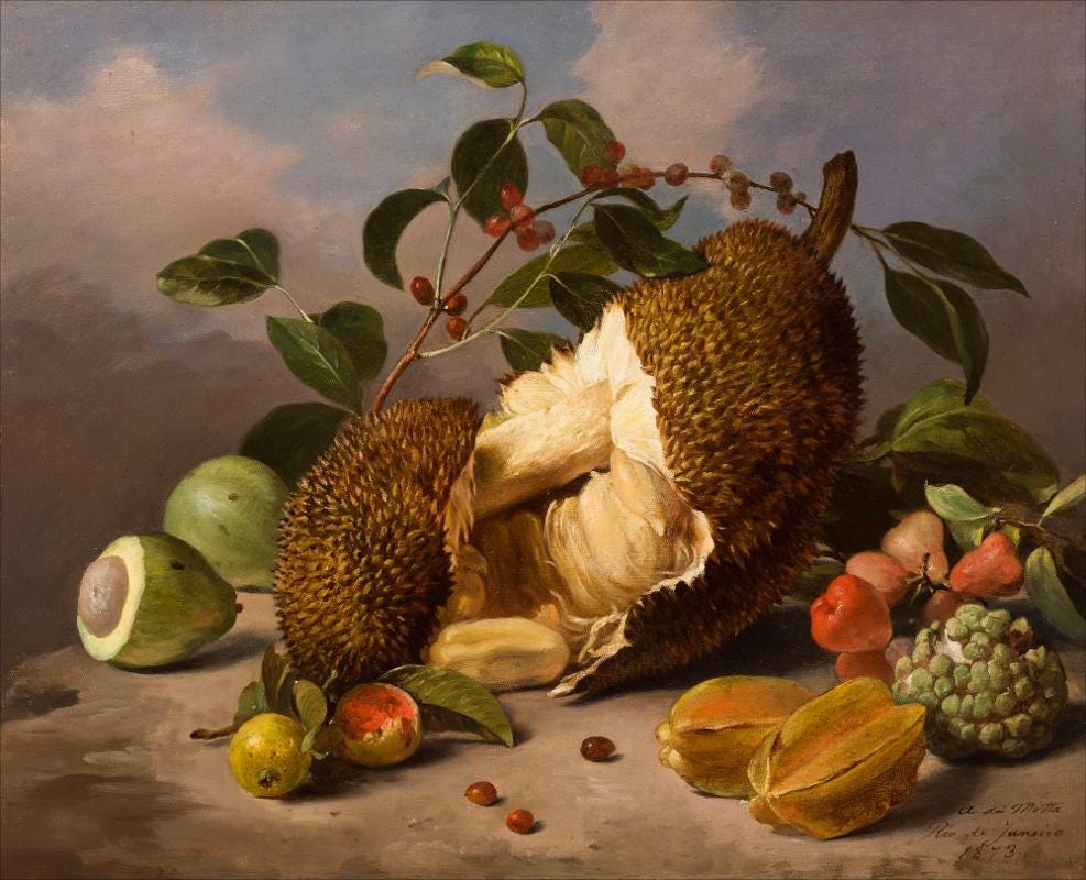 Pintura de natureza-morta com jaca, abacate, fruta do conde, carambola, goiaba e um ramo de café