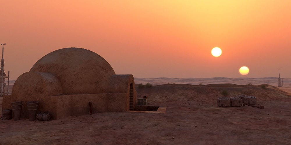 View of twin suns of Tatooine from Star Wars: A New Hope (1977)