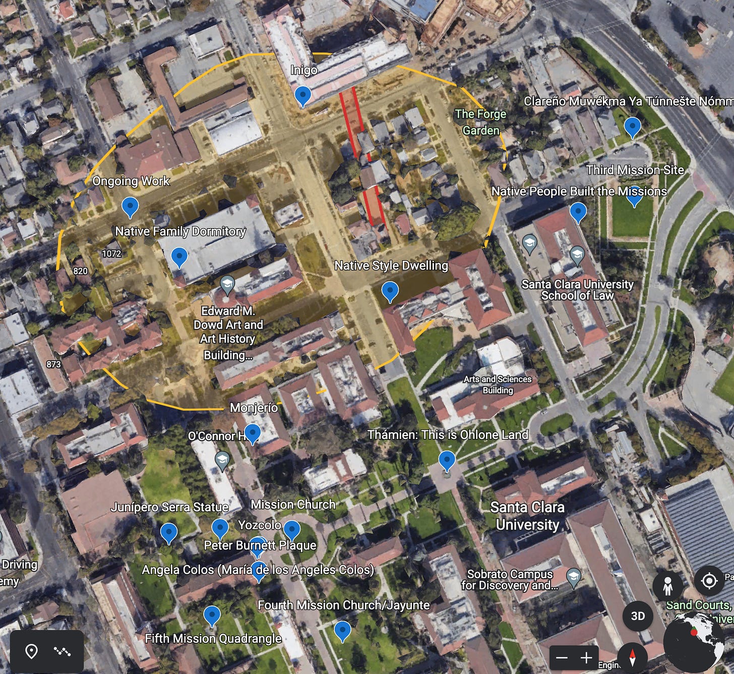 map of Santa Clara University with Mission Santa Clara overlays