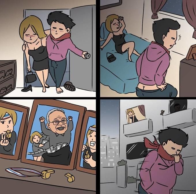 "A four-panel webcomic of a man deciding not to have sex with a woman after noticing a picture of Thailand's Deputy Prime Minister Suthep Thaugsuban on her dresser. As the man walks away outside, former Prime Minster Thaksin Shinawatra watches the man from his window." — description taken from Know Your Meme dot com.
