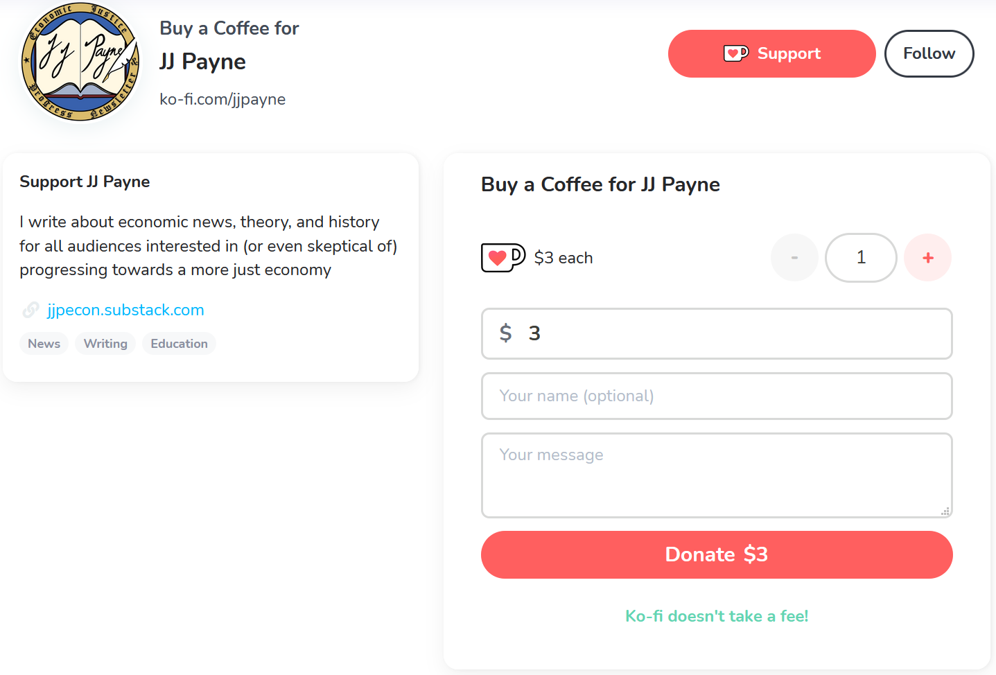 Screenshot of Ko-fi Buy a Coffee for JJ Payne screen