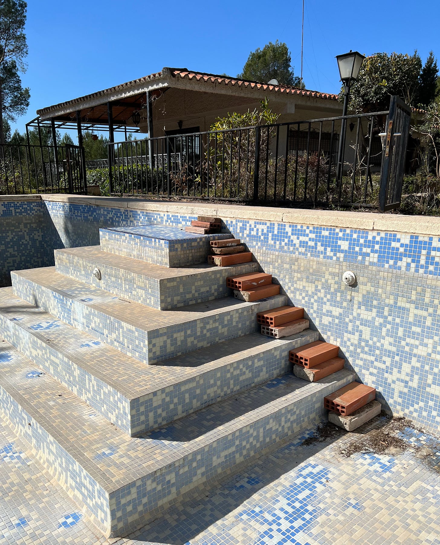 A small brick staircase sits alongside and actual set of stairs in an empty swimming pool. The empty pool would be sad enough but this is also the sight of a hedgehog death.