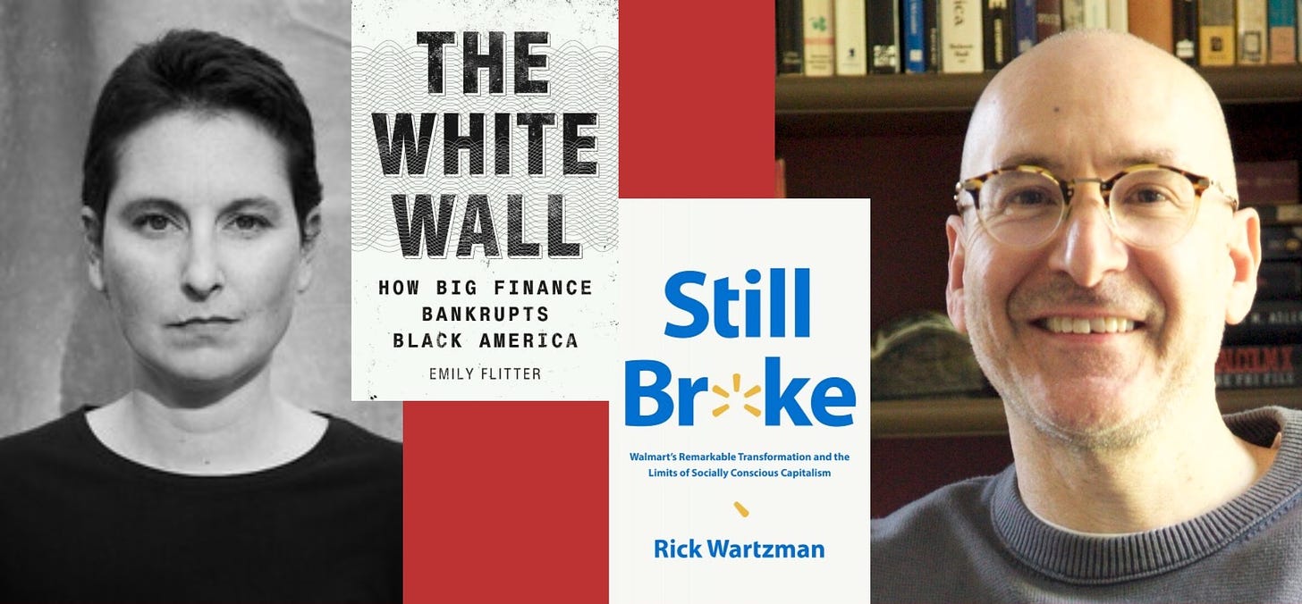 Cover images of 'The White Wall' and 'Still Broke,' and headshots of the two authors.