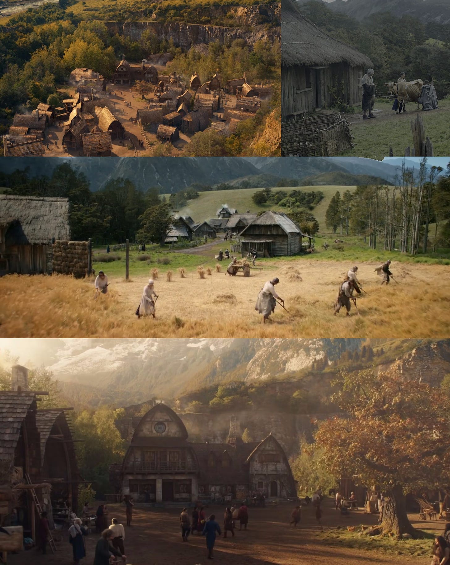 Four screenshots from the Rings of Power show and the Wheel of Time show that depict similar brown wood houses, black ground, golden grain, misty blue moutains and cows.