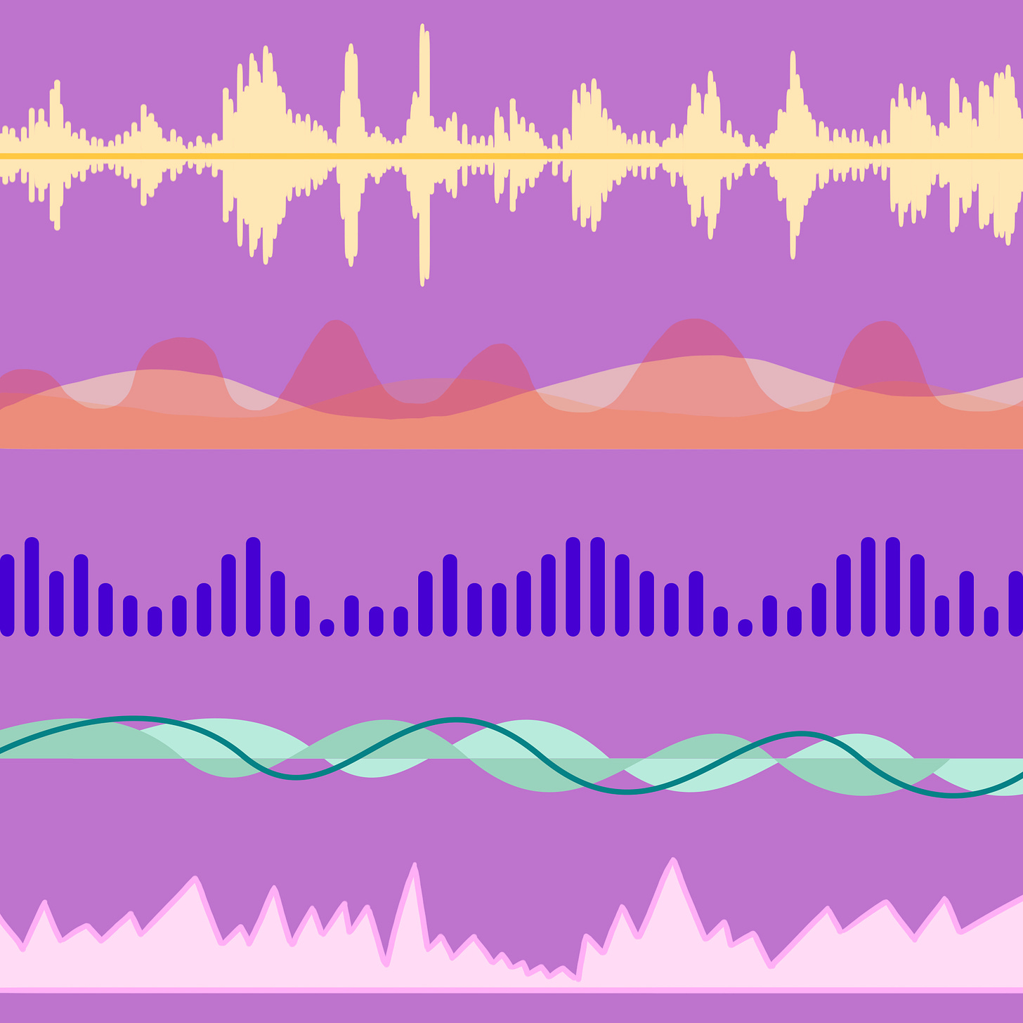 Image description: This illustration shows the various ranges of vocal frequency across different types of technology. The frequencies look like waves in orange, yellow, green, and blue lines across a violet background. 