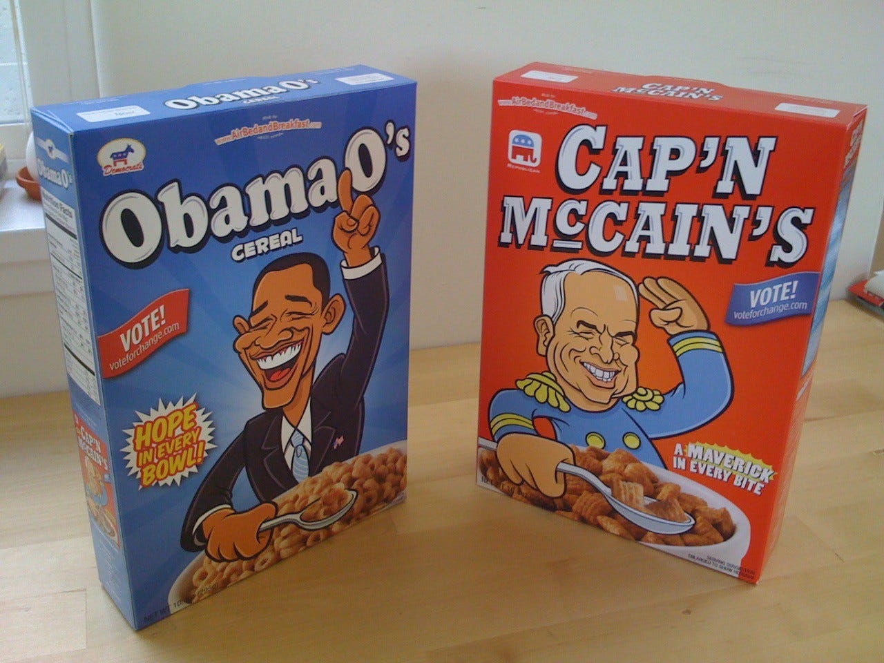 Cereal boxes of Obama O’s and Cap’n McCain’s