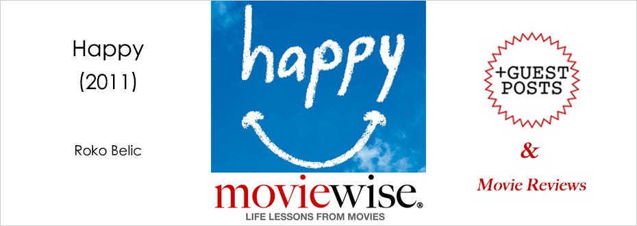 A movie poster consisting of the word ‘happy’ and a smile underneath it in white font against a bright blue sky.