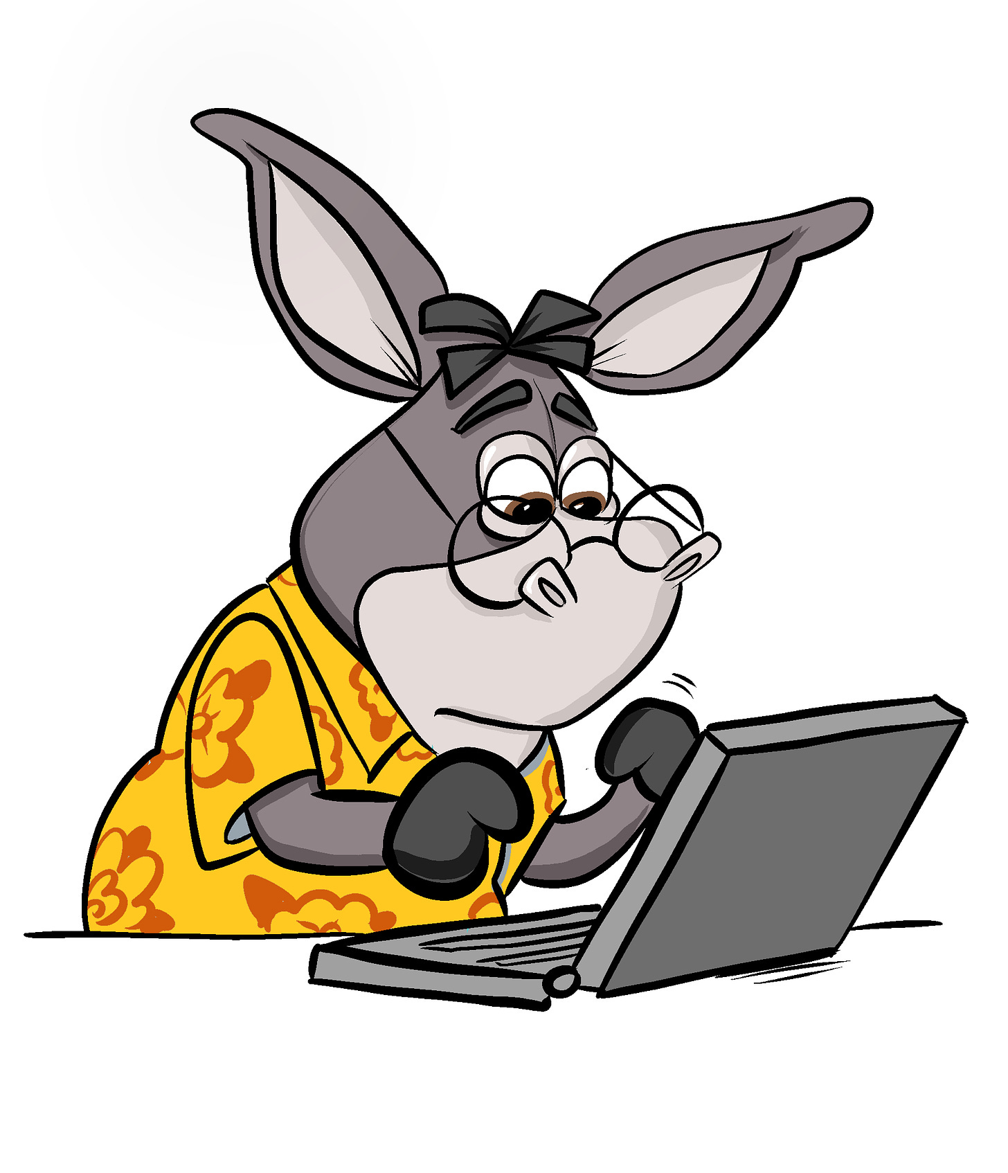 Hoté typing away on a laptop. He's a donkey.