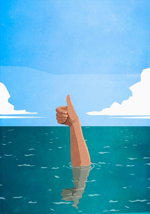 Illustration of a sinking arm in the ocean, giving the thumbs up