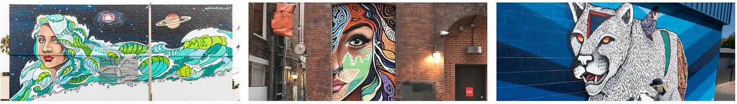 A collection of Skye Walker murals on the sides of brick buildings.
