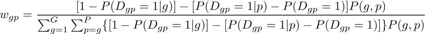 w_{gp} = \frac{ [1-P(D_{gp}=1|g)] - [P(D_{gp}=1|p) - P(D_{gp}=1)]P(g,p)}{\sum_{g=1}^G \sum_{p=g}^P \{[1-P(D_{gp}=1|g)] - [P(D_{gp}=1|p) - P(D_{gp}=1)]\}P(g,p)} 

