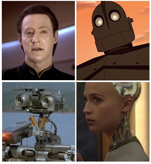 A photo of Data from Star Trek, the Iron Giant, Johnny 5 from Short Circuit, and the female robot from Ex Machina