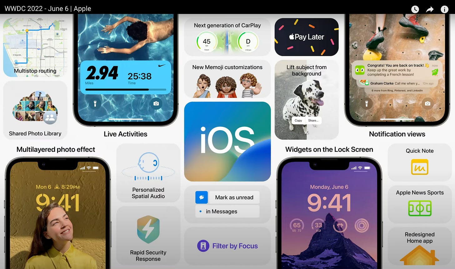 Screenshot of iOS features from WWDC2022 keynote.