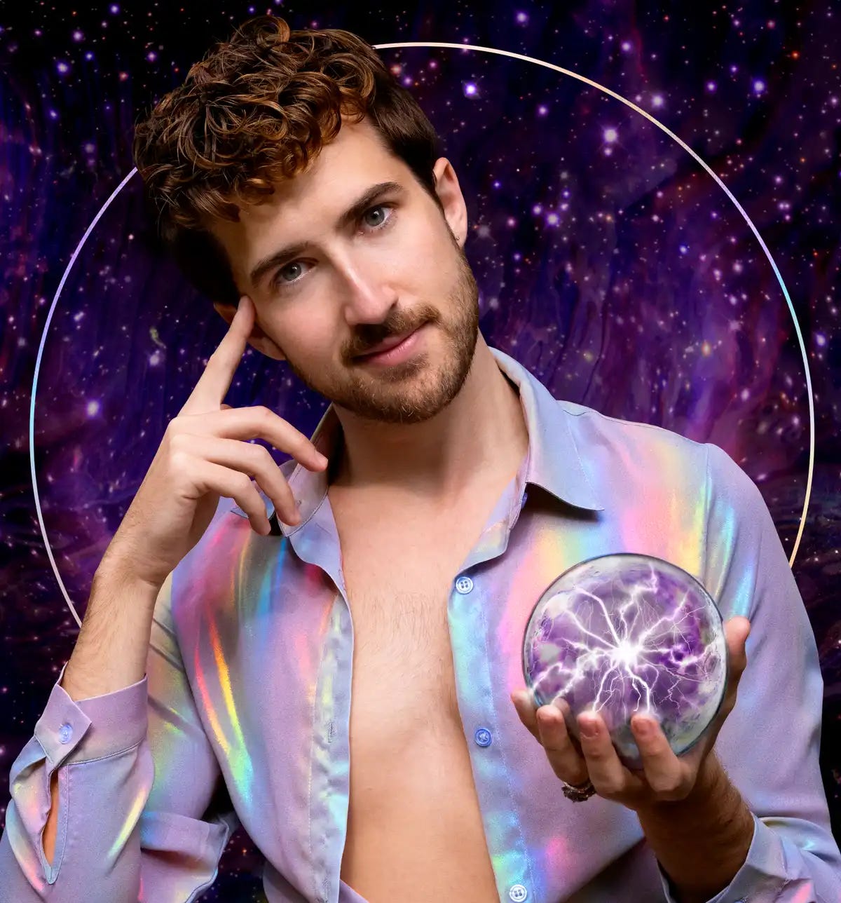 A white, brunette man with a mustache wears a rainbow shirt and holds a purple crystal ball in front of a background of a starry sky