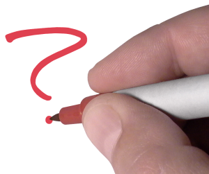A writer drawing a question mark in red pen.