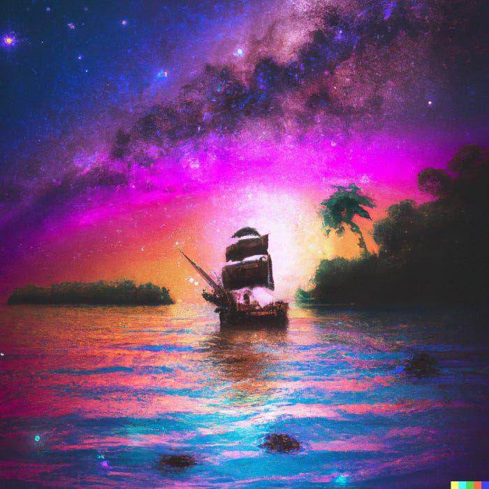 “digital art of a close majestic caravel boat navigating towards a lonely island in the horizon full of wildlife and palm trees, under the orange and purple sunset sky full of stars and galaxies” by  Miguel Parente  using DALL·E 2 — OpenAI