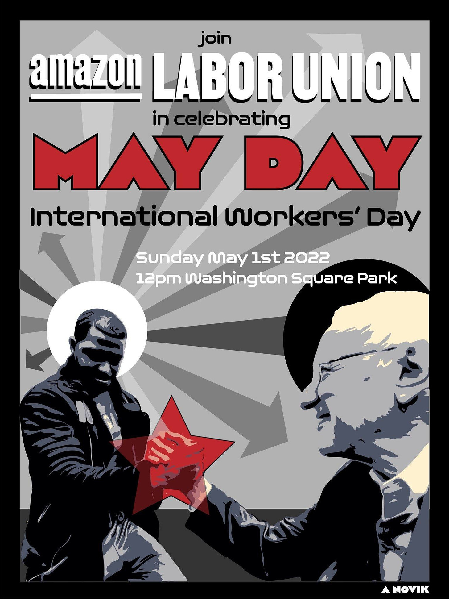 May be a cartoon of text that says 'join amazon LABOR UNION incelebrating MAY DAY International tional Workers Day Sunday nay 1st 2022 12 12pm Washington Square Park A NOVIK'