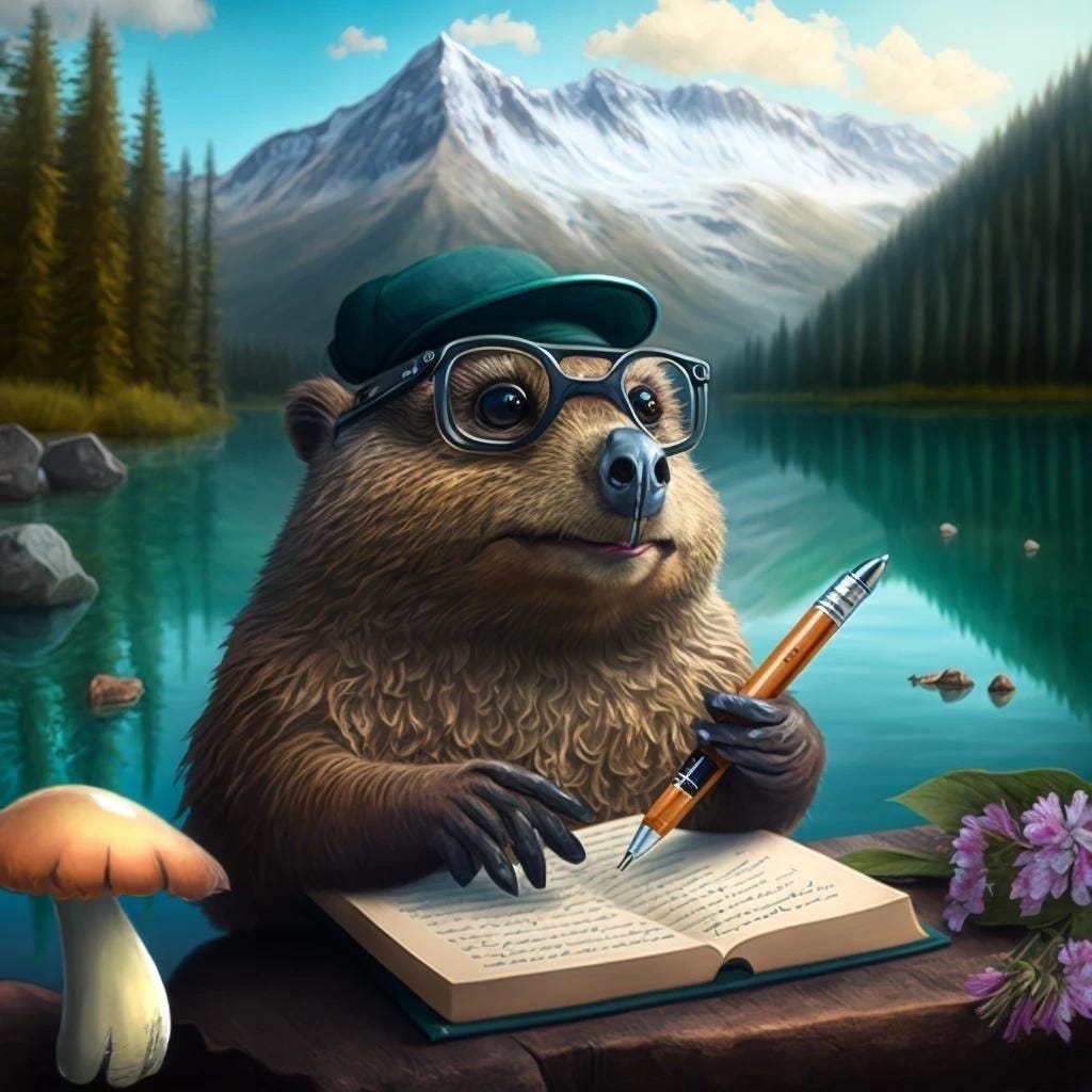 Large psilocybin mushroom sits next to a cartoon beaver wearing glasses and holding a pen while drafting rules for Oregon's psychedelic program.