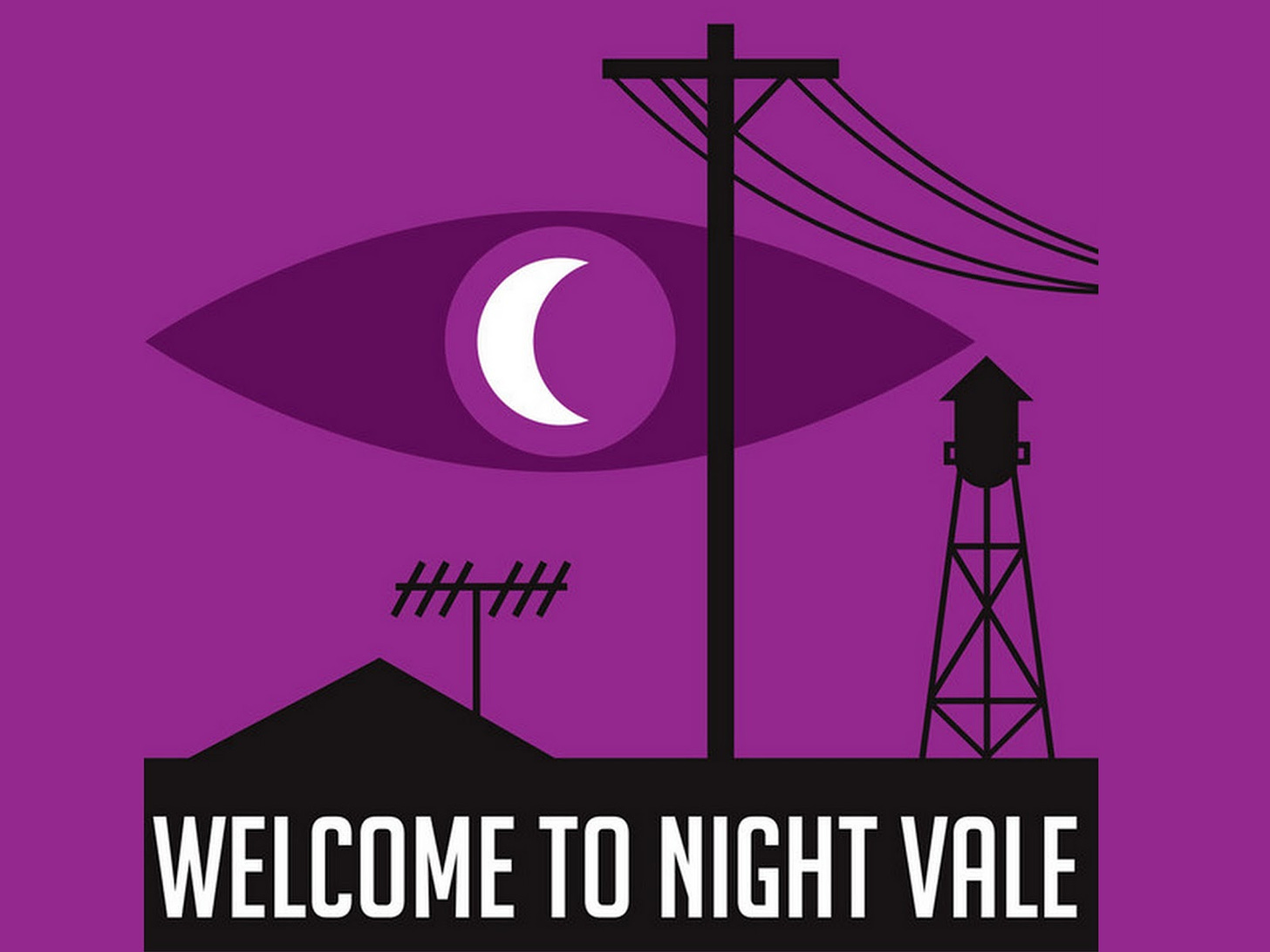 Artwork van Welcome to Night Vale. Het is een illustratie met een paarse achtergrond, in de lucht zie je een oog met in de iris weer een maan. In het zwart zie je de contouren van een hoogspanningsmast, een dak met een antenne er op en een watertoren. Daaronder de titel in wit op zwart.