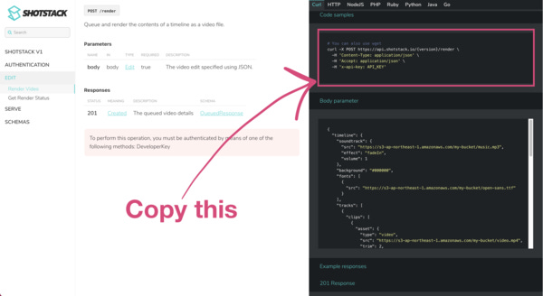 Copy the cURL example of the API Call you want to imoprt.