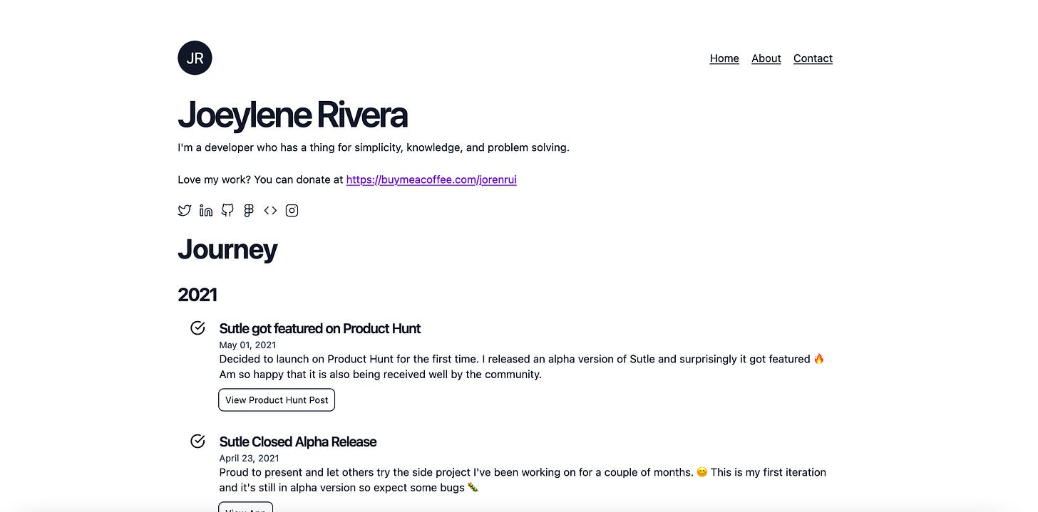 Joeylene’s Sutle portfolio that has a headline, social media links and the owner’s journey. It also has a navigation to home, about and contact.