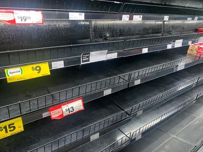 Stock in short supply at supermarkets due to panic buying. 
PICTURED: Empty shelves at Woolworths, Innaloo